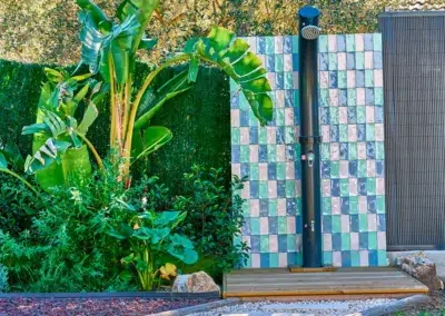 garden pool shower at clothing-optional gay men-only guesthouse near Sitges Barcelona