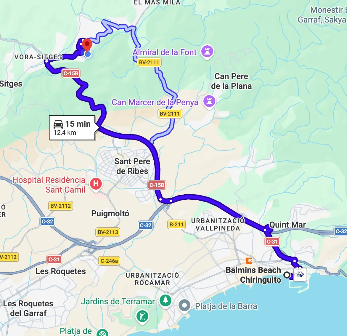Route from Casa Brisa near Sitges to Balmins Beach