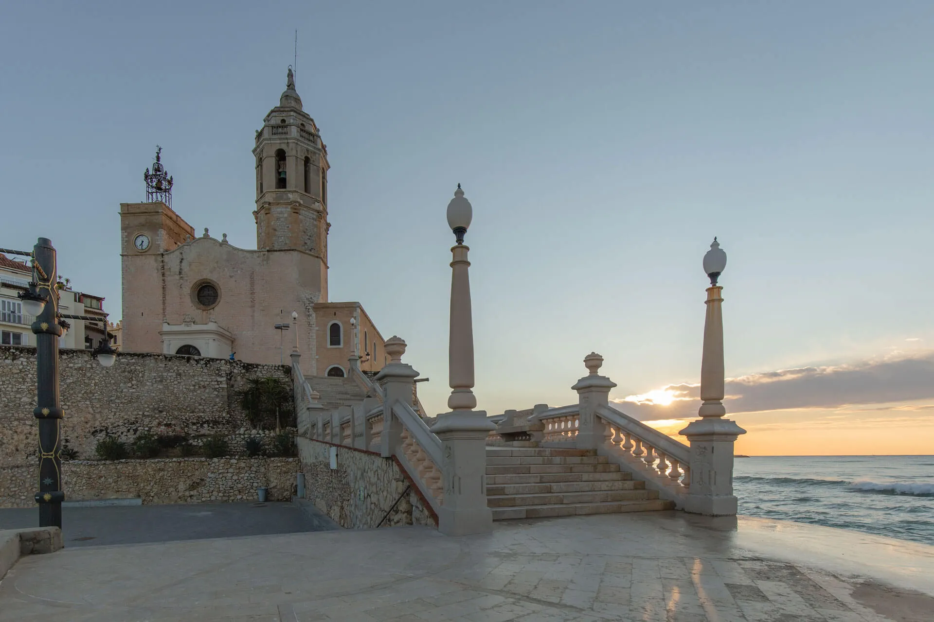 Mediterranean coastline and historic Sitges in Catalonia